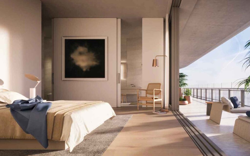 bedroom at 87 park miami featuring earth tones and a view of miami beach