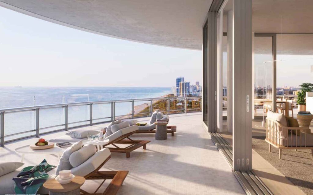 balcony view at 87 Park Terraces with row of chairs facing Miami Beach